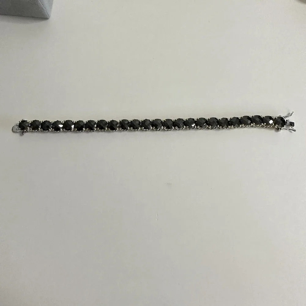 Bracelet Black Faceted Tennis Style Two Toned Safety Clasp IJDI China 925 Marked - Picture 11 of 13